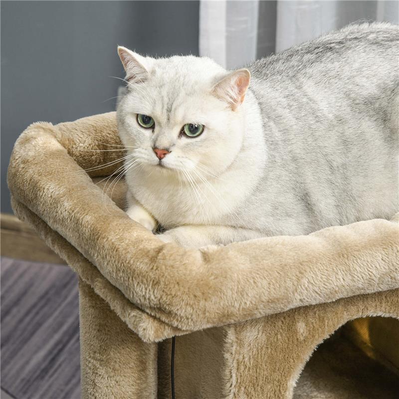 ALBERO PER GATTI IN PELUCHE CON CASETTA PER GATTI E LETTINO, TIRAGRAFFI IN JUTA E PALLINA, MARRONE