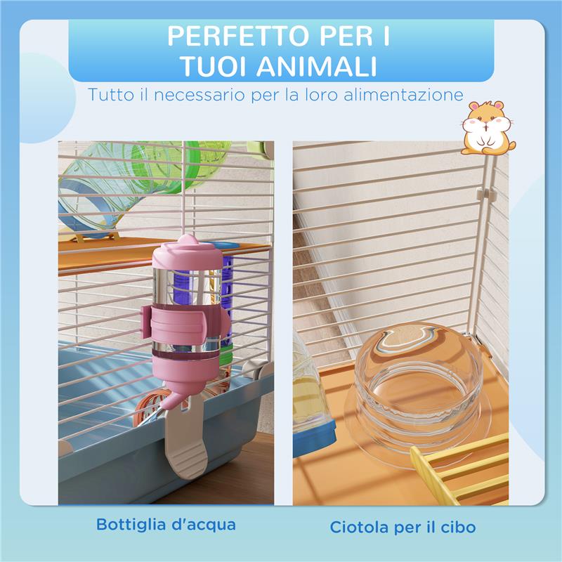 GABBIA PER CRICETI A 5 LIVELLI CON TUBI, RUOTA, SCALE, CASETTA E BOTTIGLIA, IN METALLO, PP E PS, 46X30X58 CM