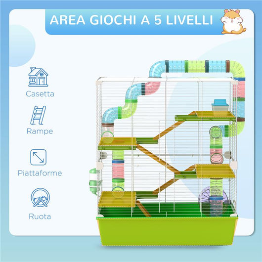 GABBIA CRICETI A 5 LIVELLI CON TUBI, CASETTA, SERBATOIO E RUOTA, IN ACCIAIO, PP E PS, 59X36X69 CM, VERDE E BIANCA