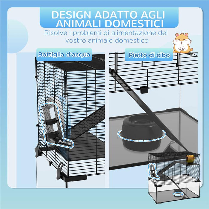 GABBIA PER CRICETI A 3 LIVELLI CON RUOTA, RAMPE E FONDO RIMOVIBILE, 60X40X57CM, NERO