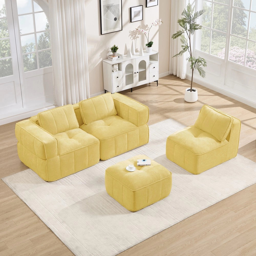 Divano angolare 3 posti con poggiapiedi ¨C Minimal ¨C giallo tessuto imbottito
