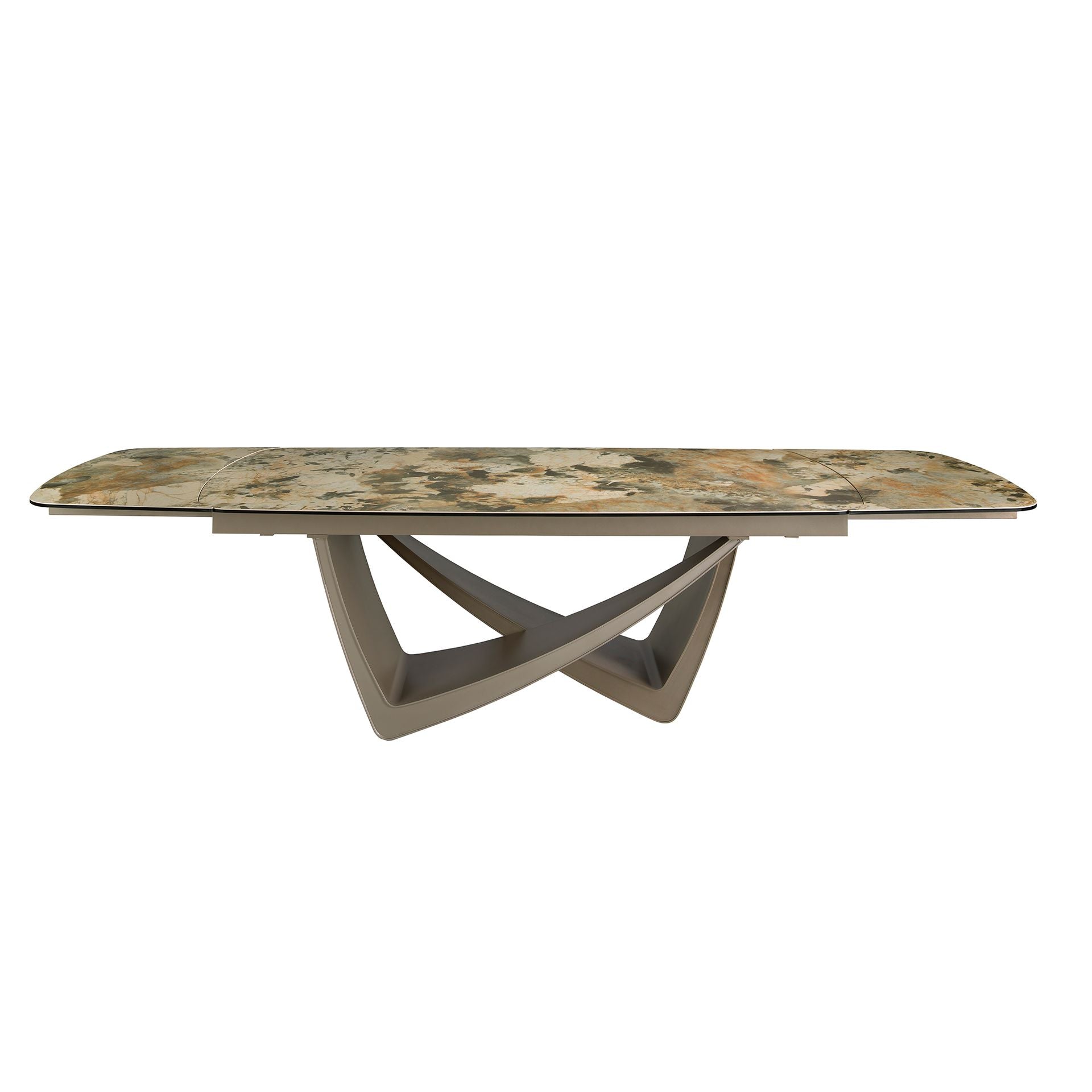 Tavolo da pranzo allungabile ovale a botte in marmo porcellanato e acciaio metallizzato taupe