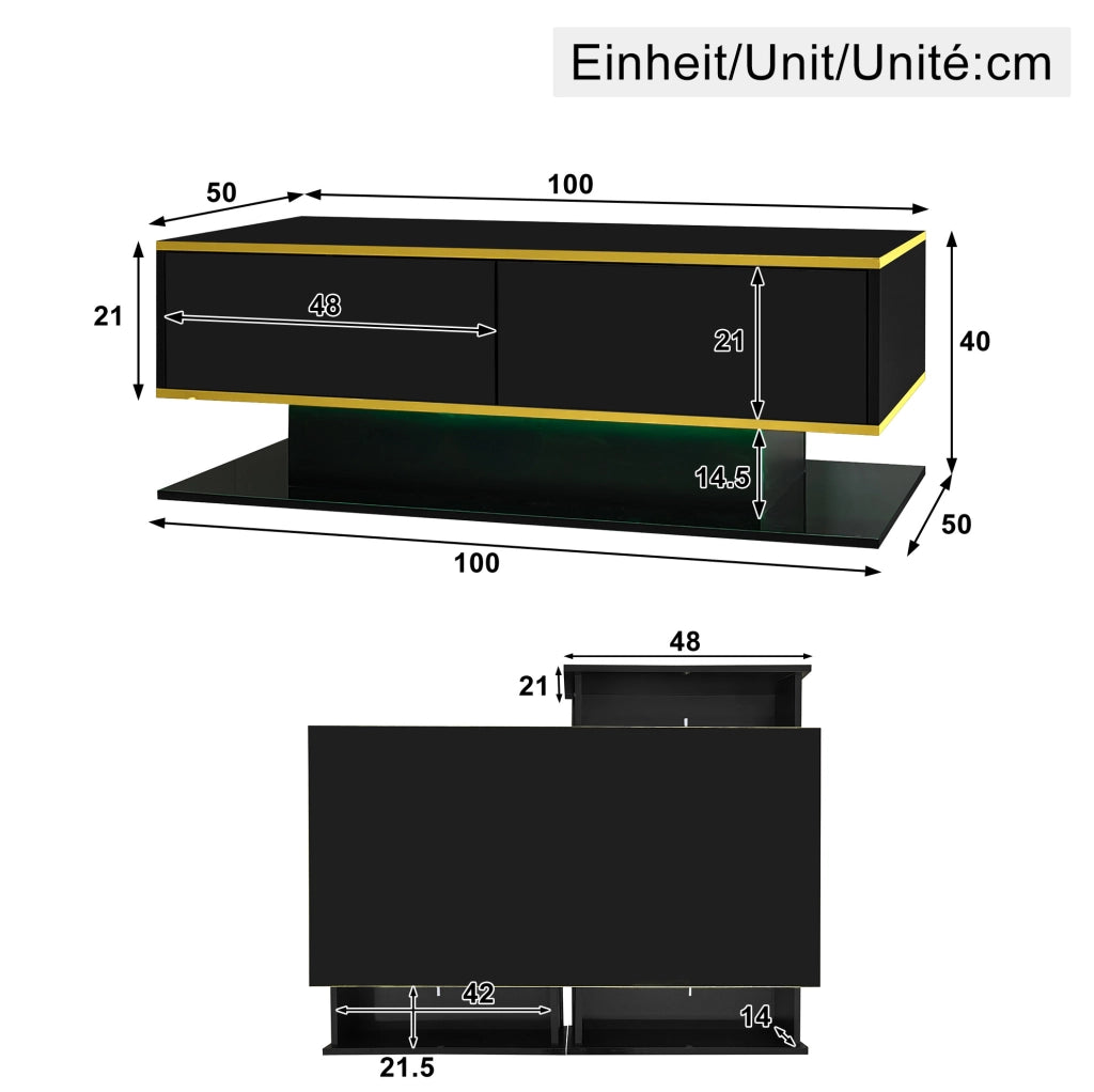 Tavolino da caffè moderno 100 x 50 x 40 cm nero lucido con LED; 3 cassetti e dettagli oro