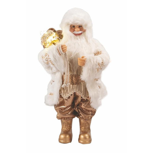 BABBO NATALE A PUPAZZO COLORE ORO BIANCOCON SACCO E 12 LED H62 CM