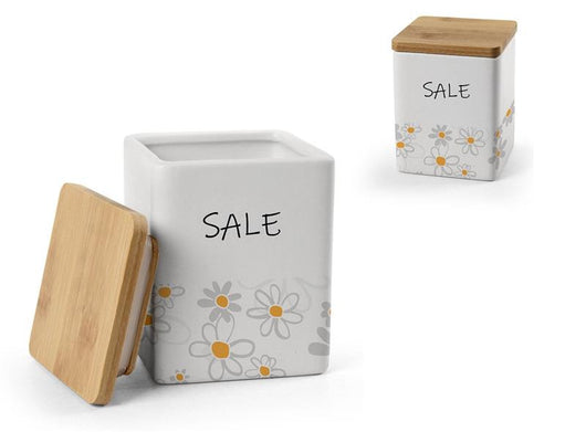 BARATTOLO QUADRATO PER SALE IN CERAMICA CON TAPPO IN LEGNO 10X13 CM DAISY