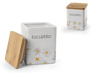 BARATTOLO QUADRATO PER ZUCCHERO IN CERAMICA CON TAPPO IN LEGNO 10X13 CM DAISY