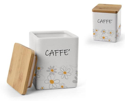 BARATTOLO QUADRATO PER CAFFÈ IN CERAMICA CON TAPPO IN LEGNO 10X13 CM DAISY