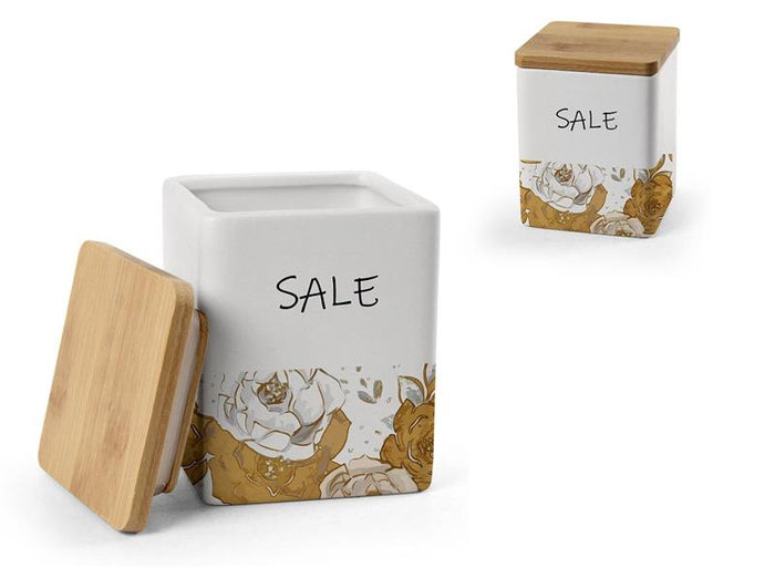 BARATTOLO QUADRATO PER SALE IN CERAMICA CON TAPPO IN LEGNO 10X13 CM ROSE