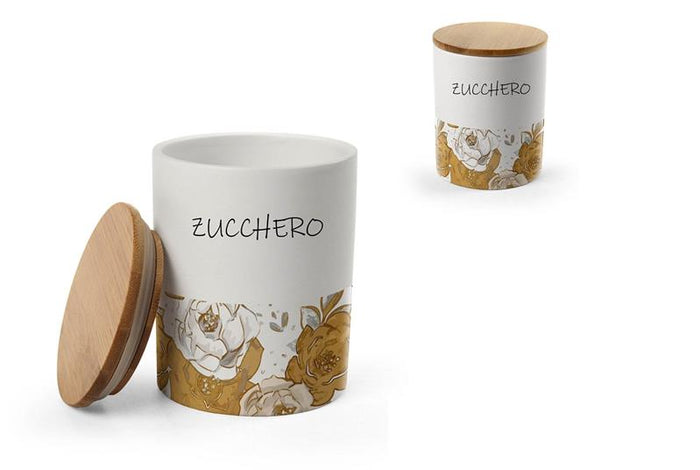 BARATTOLO TONDO PER ZUCCHERO IN CERAMICA CON TAPPO IN LEGNO 10X13 CM ROSE