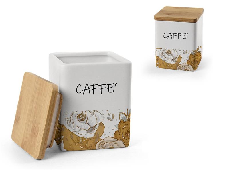 BARATTOLO QUADRATO PER CAFFÈ IN CERAMICA CON TAPPO IN LEGNO 10X 13 CM ROSE