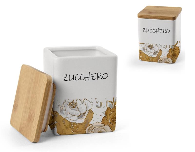 BARATTOLO QUADRATO PER ZUCCHERO IN CERAMICA CON TAPPO IN LEGNO 10X13 CM ROSE