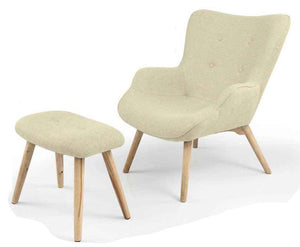 SET POLTRONA E SGABELLO IN TESSUTO CON GAMBE IN LEGNO COLOR CREMA