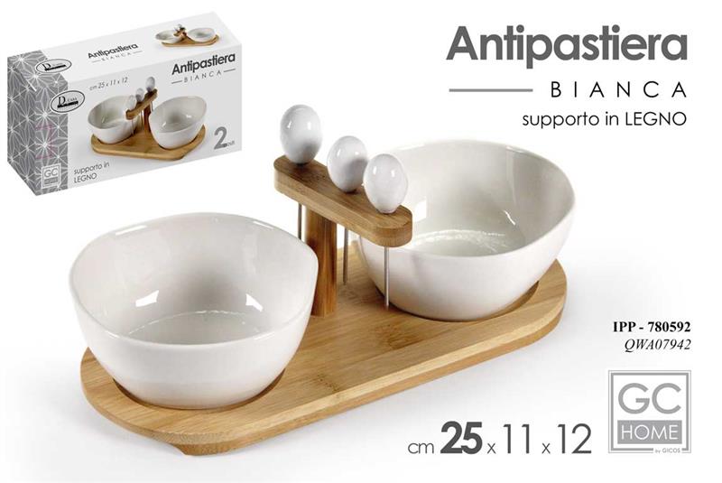 ANTIPASTIERA A 2 CIOTOLE CON PRENDI OLIVE BIANCO 25 X 11 X 12