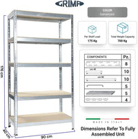 SCAFFALE IN METALLO JOKER 90 X 40 X H 174 CM 5 RIPIANI 175 KG A PIANO