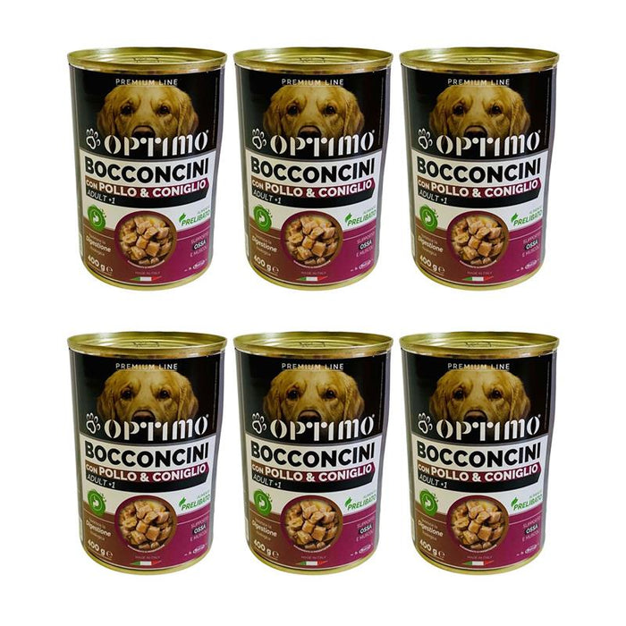 KIT SET 6 PZ OPTIMO BOCCONCINI PER CANE AL GUSTO POLLO E CONIGLIO DA 400 GR