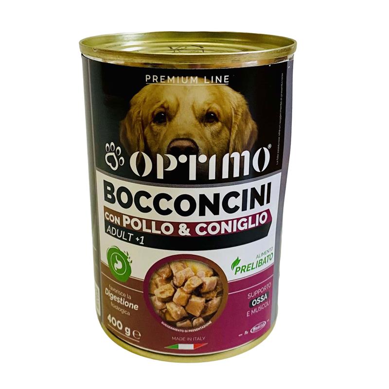 KIT SET 6 PZ OPTIMO BOCCONCINI PER CANE AL GUSTO POLLO E CONIGLIO DA 400 GR