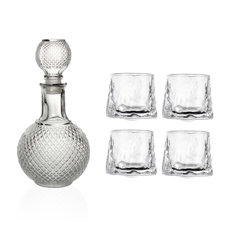 SET BOTTIGLIA SFERA IN VETRO DA 1 LITRO CON 4 BICCHIERI DA LIQUORE ROYAL CAPIENZA 150 ML