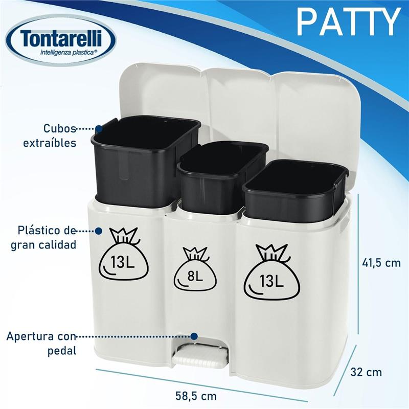 PATTUMIERA PATTY 3 DIFFERENZIATA COLLEZIONE AURORA BIANCO 13 + 8 + 13 L MISURE 58.5 X 32 X H 41.5 CM  3 SCOMPARTI