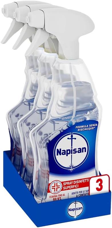 NAPISAN SPRAY 3 PZ DISINFETTANTE CLASSICO SUPERFICI ELIMINA 99,9% BATTERI PER SUPERFICI A CONTATTO CON ALIMENTI 740 ML L'UNO