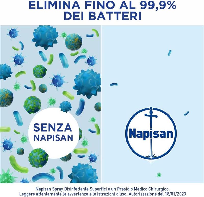NAPISAN SPRAY 3 PZ DISINFETTANTE CLASSICO SUPERFICI ELIMINA 99,9% BATTERI PER SUPERFICI A CONTATTO CON ALIMENTI 740 ML L'UNO
