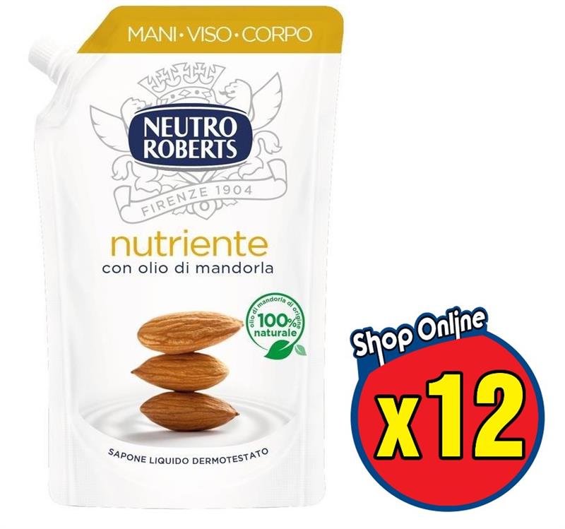 SET 12 CONFEZIONI NEUTRO ROBERTS RICARICA 400 ML DI SAPONE NUTRIENTEI MANDORLA
