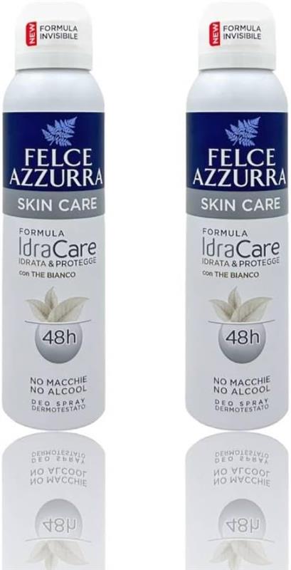 FELCE AZZURRA DEODORANTE 2 PZ SPRAY SKIN CARE CON THE BIANCO FORMULA IDRATALC EFFICACIA 48 ORE 150 ML L'UNO ANTIMACCHIA