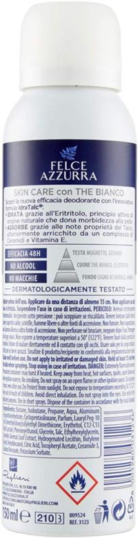 FELCE AZZURRA DEODORANTE 2 PZ SPRAY SKIN CARE CON THE BIANCO FORMULA IDRATALC EFFICACIA 48 ORE 150 ML L'UNO ANTIMACCHIA