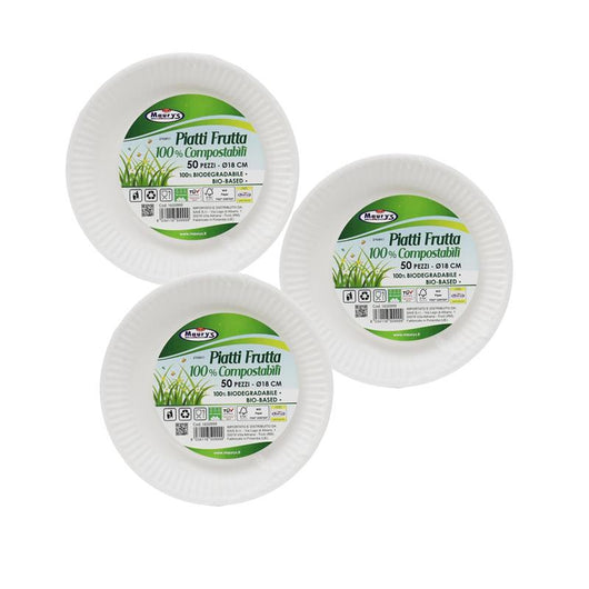 KIT SET 3 PZ MAURY'S PIATTI 50 PZ FRUTTA 18 CM COMPOSTABILI BIODEGRADABILI