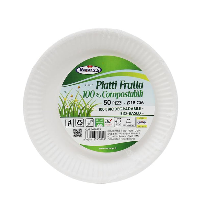 KIT SET 3 PZ MAURY'S PIATTI 50 PZ FRUTTA 18 CM COMPOSTABILI BIODEGRADABILI