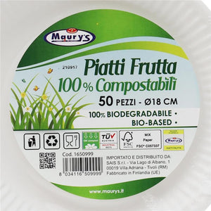 KIT SET 3 PZ MAURY'S PIATTI 50 PZ FRUTTA 18 CM COMPOSTABILI BIODEGRADABILI