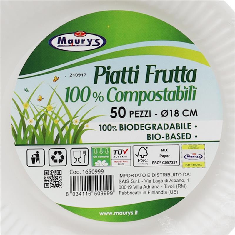 KIT SET 3 PZ MAURY'S PIATTI 50 PZ FRUTTA 18 CM COMPOSTABILI BIODEGRADABILI