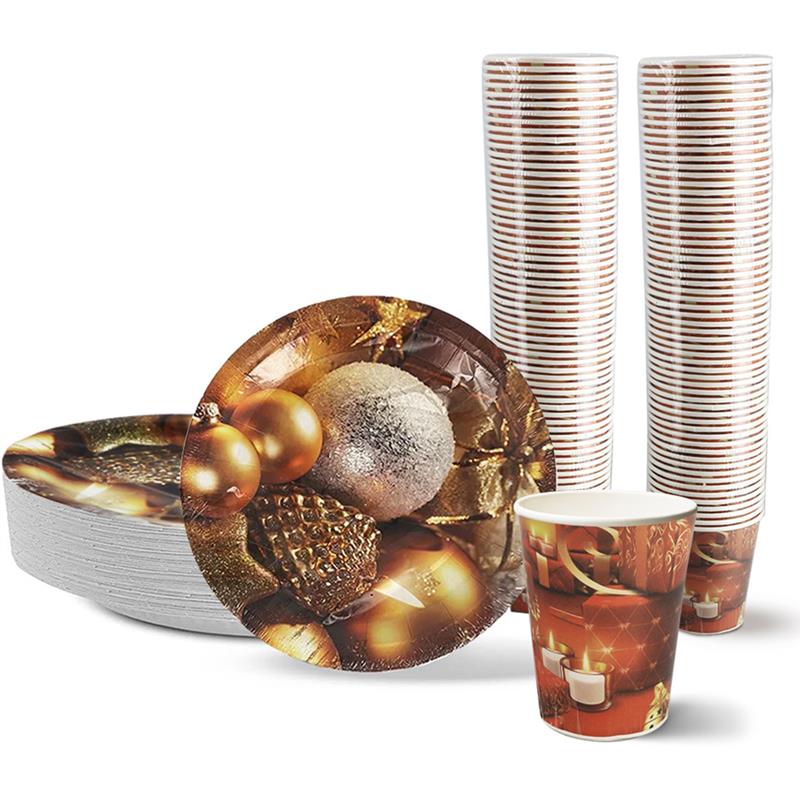 PIATTI DI CARTA NATALIZI PIANI 120 PEZZI IN COLORAZIONE ORO +120 PZ BICCHIERI ORO NATALIZI
