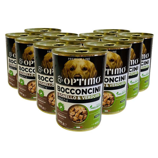 OPTIMO SET 12 BOCCONCINI PER CANE AL GUSTO DI AGNELLO E VERDURE DA 400 GR