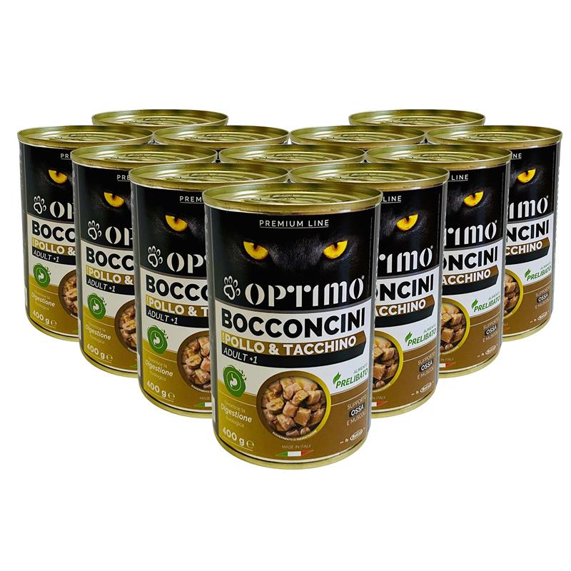 OPTIMO SET 12 BOCCONCINI PER GATTO AL GUSTO POLLO E TACCHINO DA 400 GR