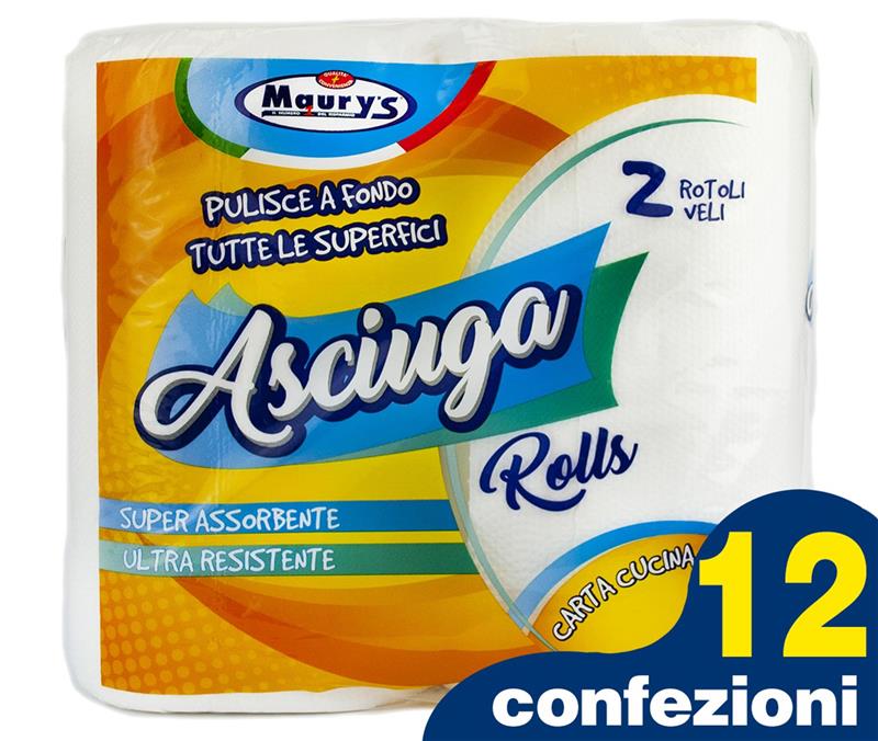 12 MAURY'S CARTA ASCIUGATUTTO CUCINA 2 ROTOLI 2 VELI ASCIUGA ROLLS 380GR