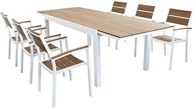SET TAVOLO CAYMAN ALLUNGABILE CON 6 POLTRONE IN TEAK BIANCO E NATURALE