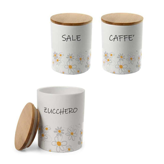 TRIS TONDO DAISY SALE, ZUCCHERO E CAFFÈ IN CERAMICA CON TAPPO IN LEGNO 10X13 CM