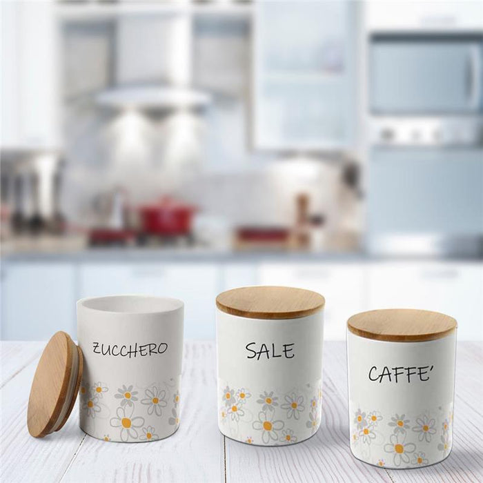 TRIS TONDO DAISY SALE, ZUCCHERO E CAFFÈ IN CERAMICA CON TAPPO IN LEGNO 10X13 CM