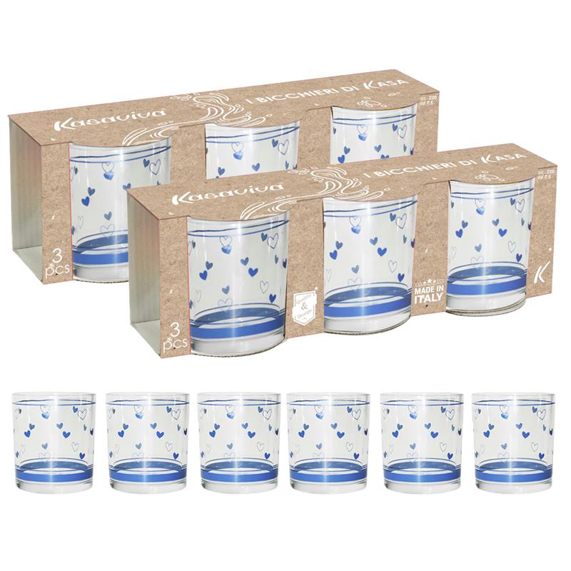 AVIO SET 6 BICCHIERI PER ACQUA CON DESIGN A CUORICINI BLU