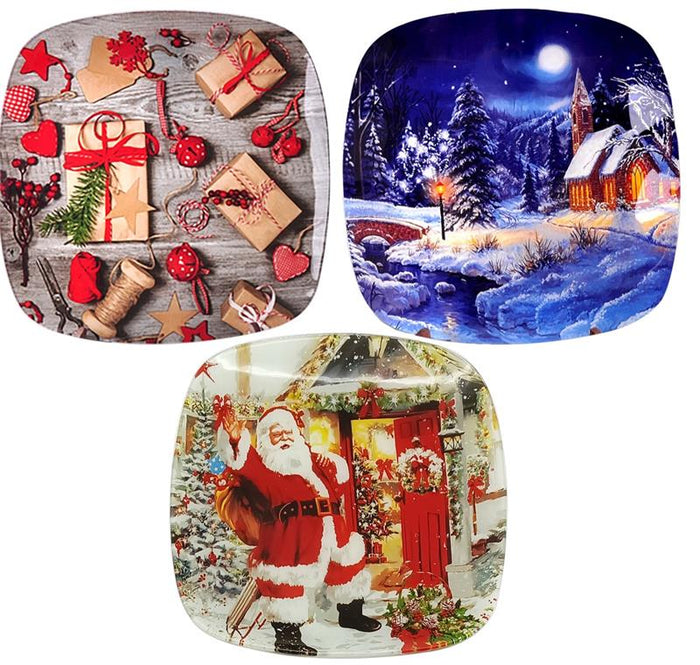 MA MAISON SET 2 VASSOI NATALIZI IN VETRO QUADRATO 25X25 CM FANTASIA ASSORTITA