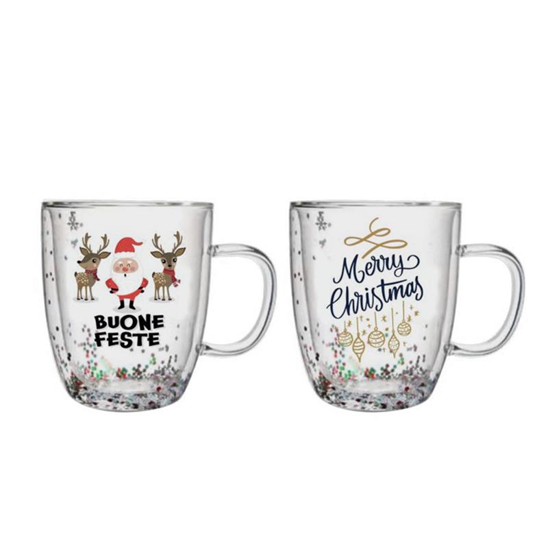 MA MAISON SET 2 TAZZE NATALIZIE IN VETRO TRASPARENTE DOUBLE WALL 350 CC L'UNA FANTASIA ASSORTITA