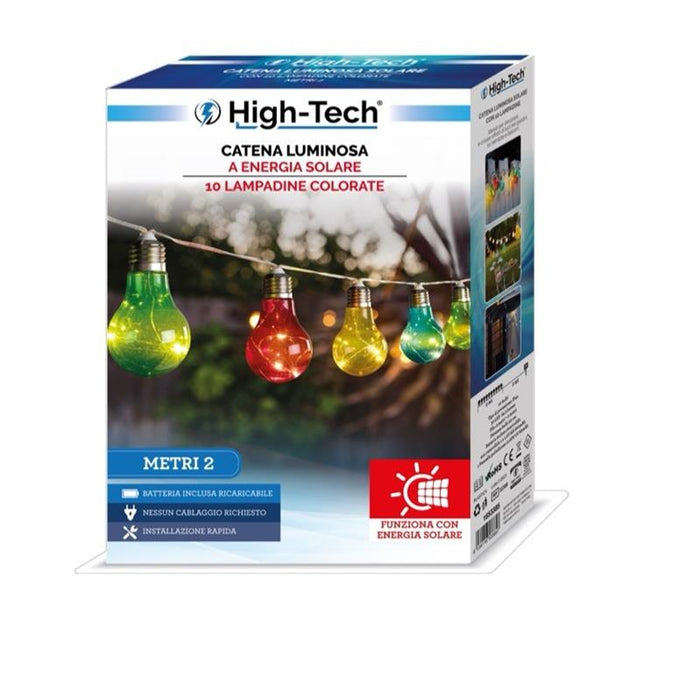 HIGH-TECH CATENA LUMINOSA AD ENERGIA SOLARE CON 10 LAMPADINE 2 MT MULTICOLORE