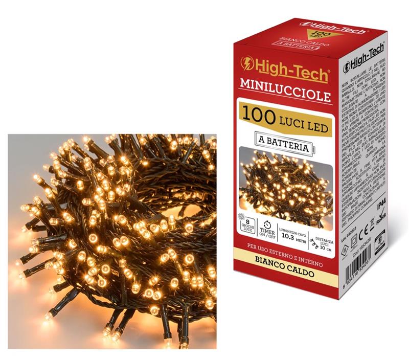 HIGH-TECH FILO DI 100 LUCI LED A BATTERIA IN COLORE BIANCO CALDO