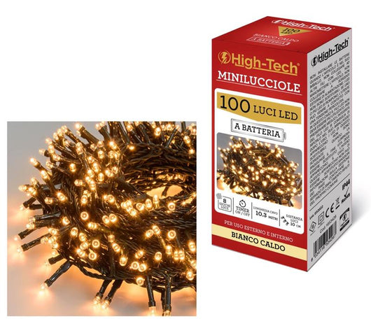 HIGH-TECH FILO DI 100 LUCI LED A BATTERIA IN COLORE BIANCO CALDO