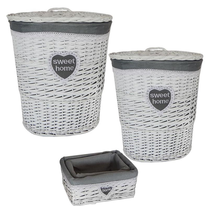 SET 4 CESTI BIANCHI INTRECCIATI CON RIVESTIMENTO IN TESSUTO