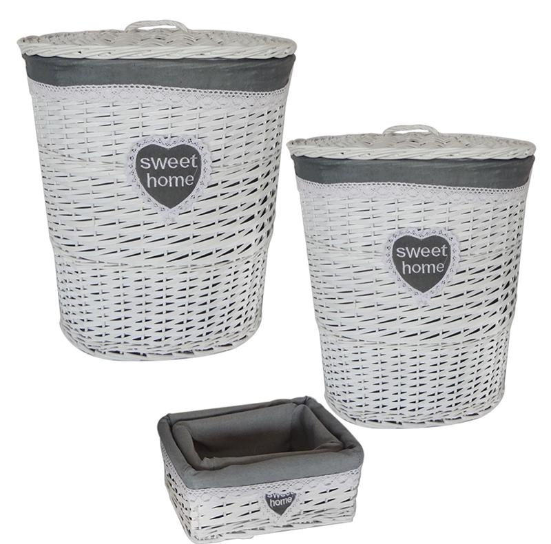 SET 4 CESTI BIANCHI INTRECCIATI CON RIVESTIMENTO IN TESSUTO