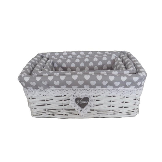 MA MAISON SET 3 CESTINI IMPILABILI FANTASIA HEART IN VIMINI CON CUORE E SCRITTA HOME