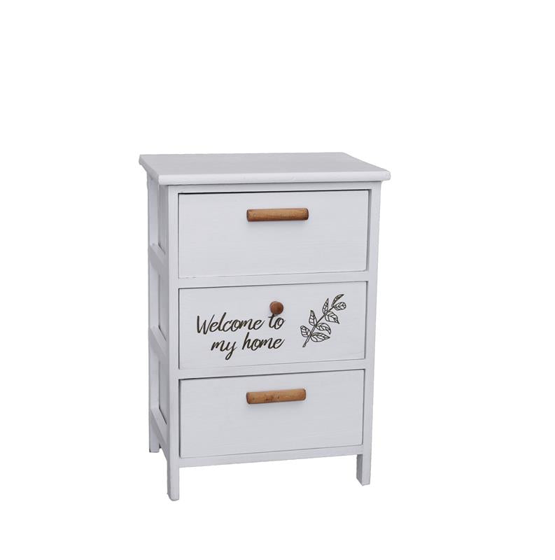 MA MAISON MOBILE DA ARREDO IN LEGNO BIANCO CON 3 CASSETTI E SCRITTA WELCOME DIMENSIONI 40 X 29 X 58H CM