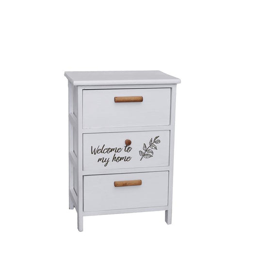 MA MAISON MOBILE DA ARREDO IN LEGNO BIANCO CON 3 CASSETTI E SCRITTA WELCOME DIMENSIONI 40 X 29 X 58H CM