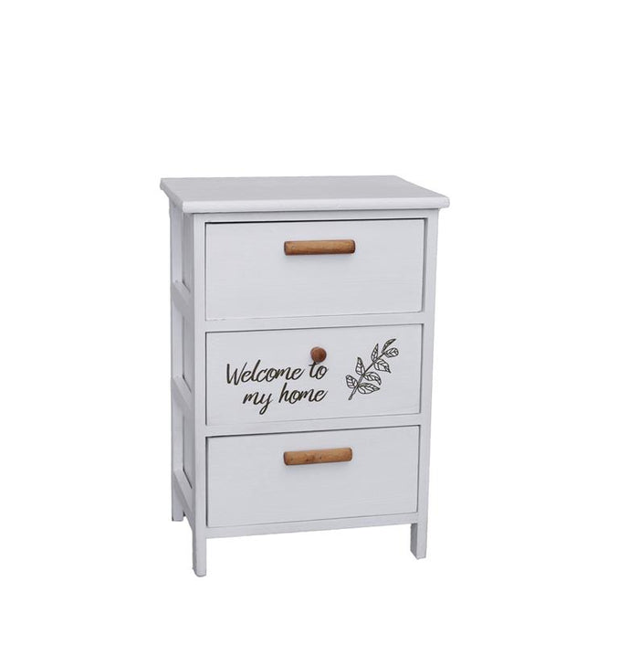 MA MAISON MOBILE DA ARREDO IN LEGNO BIANCO CON 3 CASSETTI E SCRITTA WELCOME DIMENSIONI 40 X 29 X 58H CM